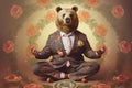 a calm bear manager meditating with money, created with Generative AI technology