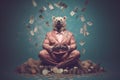 a calm bear manager meditating with money, created with Generative AI technology