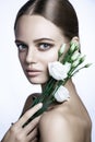 Calm Beauty Fashion Model Woman face. Portrait with white Rose flower.