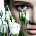 Calm Beauty Fashion Model Woman face. Portrait with white Rose flower.