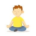 Calm boy maditating in lotus position, cartoon character design. Flat vector illustration, isolated on white background. Royalty Free Stock Photo