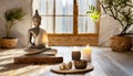 Calm Buddha statue bathed in warm daylight, surrounded candles in peaceful hall. Tranquil ambiance perfect for spiritual