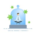 Calm businessman meditating under the glass dome with viruses flying around. Coronavirus prevention, stay indoors, world