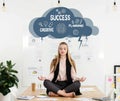 calm businesswoman meditating in lotus position on table in office cloud with creative success planning signs inside