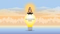 A calm businesswoman sits and meditates on a large light bulb