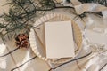 Calm Christmas still life. Blank greeting card, invitation mockup in sunlight. Plate, pine cone and pine tree branches