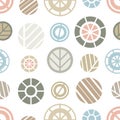 Calm colorful circles with striped elements inside on a white background. Seamless geometry pattern. Royalty Free Stock Photo