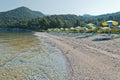 Calm and crystal clear turquoise sea water at morning, Milia beach, island of Skopelos