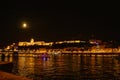 calm Danube at night in Budapest full moon.