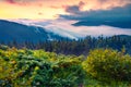 Calm dawn on Carpathian mountains. Very early morning on the mountain valley