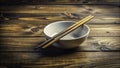 A Calm and Elegant Rustic Table Setting Empty White Bowl and Dark Chopsticks in Panoramic Tabletop Photography Royalty Free Stock Photo