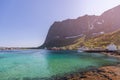 Calm emerald waters of the North Sea caress Reine, Lofoten Islands, Norway, with sunlit mountain backdrop and traditional rorbu