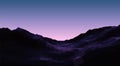Calm evening landscapewith mountains and violet sky over pink horizon. Polygonal terrain in 80s vaporwave style.