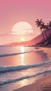 Calm Evening on a Quiet Beach with Waves Gently Lapping and a Pink-Orange Sky Royalty Free Stock Photo