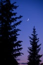 A calm evening scene in the mountains with a crescent moon against a blue and purple sky Royalty Free Stock Photo