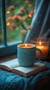 A calm evening scene with an open book, a cup of coffee, and a candle flickering softly on a small bedside table Royalty Free Stock Photo