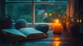 A calm evening scene with an open book, a cup of coffee, and a candle flickering softly on a small bedside table Royalty Free Stock Photo