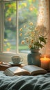 A calm evening scene with an open book, a cup of coffee, and a candle flickering softly on a small bedside table Royalty Free Stock Photo