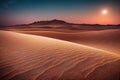 Calm evening twilight over desert dune before sand storm natural disaster. Dusty dramatic sky with sun or moon on