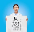 Calm female doctor with eye chart