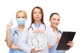 Calm female doctor and nurses with wall clock
