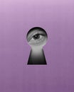 Calm female eye looking into keyhole on purple background. Contemporary art collage. Seeking clarity and understanding Royalty Free Stock Photo