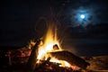 Calm fire on the beach under moon light. Royalty Free Stock Photo