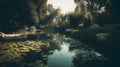 Calm forest lake at dawn with serene reflections of trees and nature