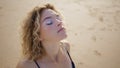 Calm girl relaxing beach enjoying sunny weather close up. Portrait trendy woman Royalty Free Stock Photo