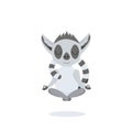 Calm grey lemur meditates in the lotus position and levitates. Cute baby animal in cartoon style. Levitation during yoga. Vector