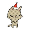 calm hand drawn comic book style illustration of a cat wearing santa hat