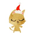 calm hand drawn retro cartoon of a cat wearing santa hat