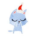 calm hand drawn retro cartoon of a cat wearing santa hat