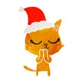 calm hand drawn retro cartoon of a cat wearing santa hat