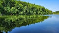 The calm idyllic lake or river in the middle of the green forest with a mirror surface on a sunny day Royalty Free Stock Photo
