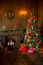 Calm image of interior Classic New Year Tree decorated with fireplace