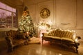 Calm image of interior Classic New Year Tree decorated in a room with fireplace