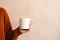 Womans hand holding a plan white blank mug cup, warm neutral tones rustric cottagecore, product design, small business Royalty Free Stock Photo