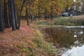 Calm lake and abandoned house in autumn forest. River bank with trees with yellow foliage. Nature tranquility. Royalty Free Stock Photo