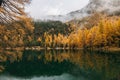 Calm lake and low flying clouds covering a rough mountain covered with colorful autumn foliage Royalty Free Stock Photo