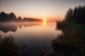 calm lake with misty sunrise, bringing new day