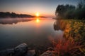 calm lake with misty sunrise, bringing new day