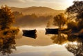 Calm lake resembling mirror reflects. two wooden boats amid misty forest