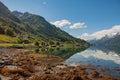 A calm lake by the road in Norway, the water surface is like a mirror, reflecting the blue sky and white clouds Royalty Free Stock Photo