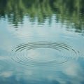 Calm lake surface reflecting surrounding trees, blurred in the background. Concentric