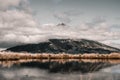 calm lake surrounded by fine soft plants near the top of the big mountain peeking above the low clouds and storm