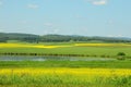 Calm lake surrounded by rapeseed fields in the hilly steppe