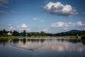 A calm lake view with Lysica Mountain in background. Ciekoty, Swietokrzyskie Mountains, Poland.