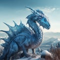 Calm medieval blue dragon on snow-covered mountain cliffs against the backdrop of a winter valley