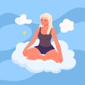 Calm meditation of girl on cloud in blue summer sky, happy woman sitting in lotus pose